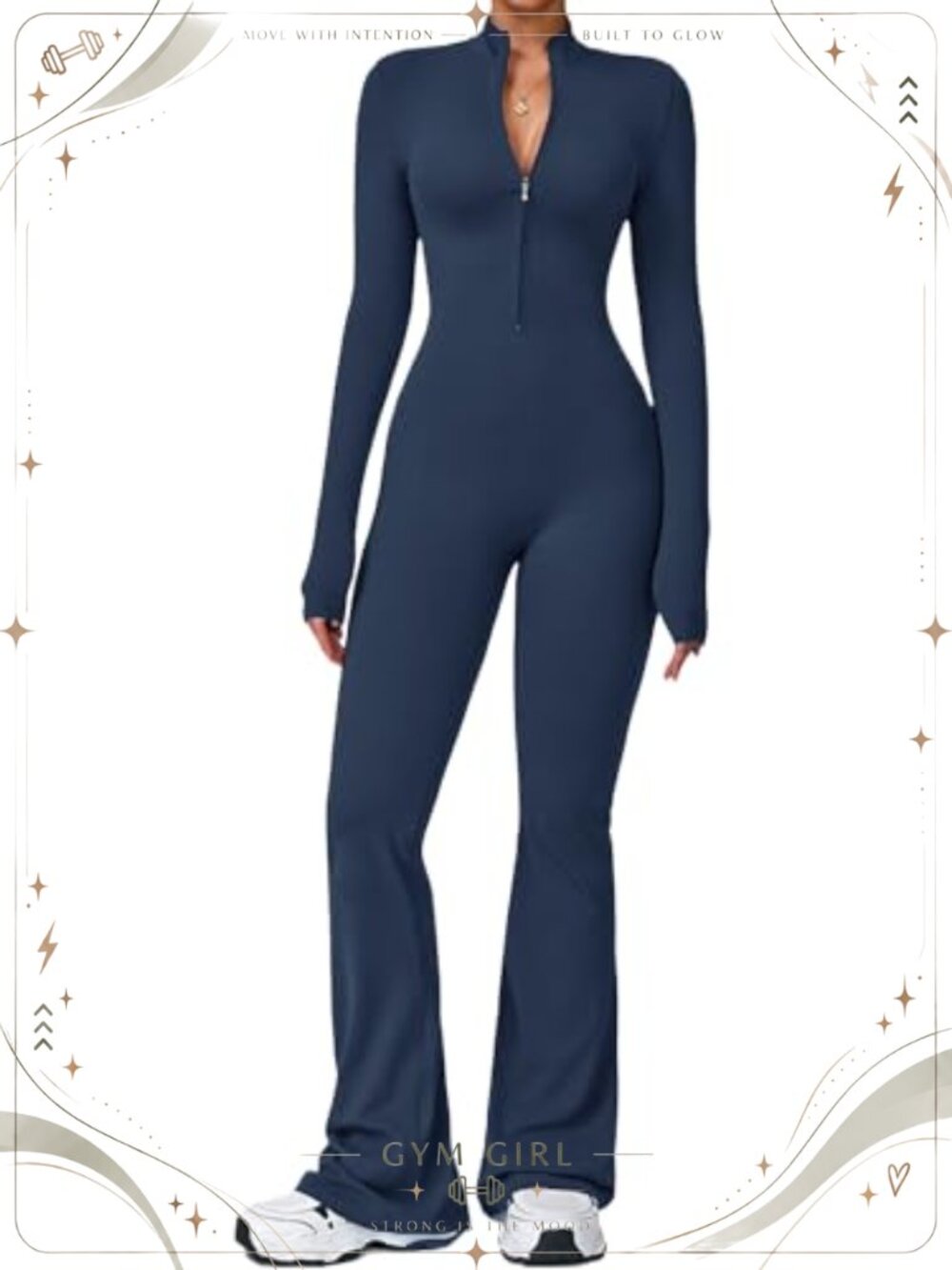 Women's One Piece Workout Jumpsuit Flared Half Zip Long Sleeve Romper